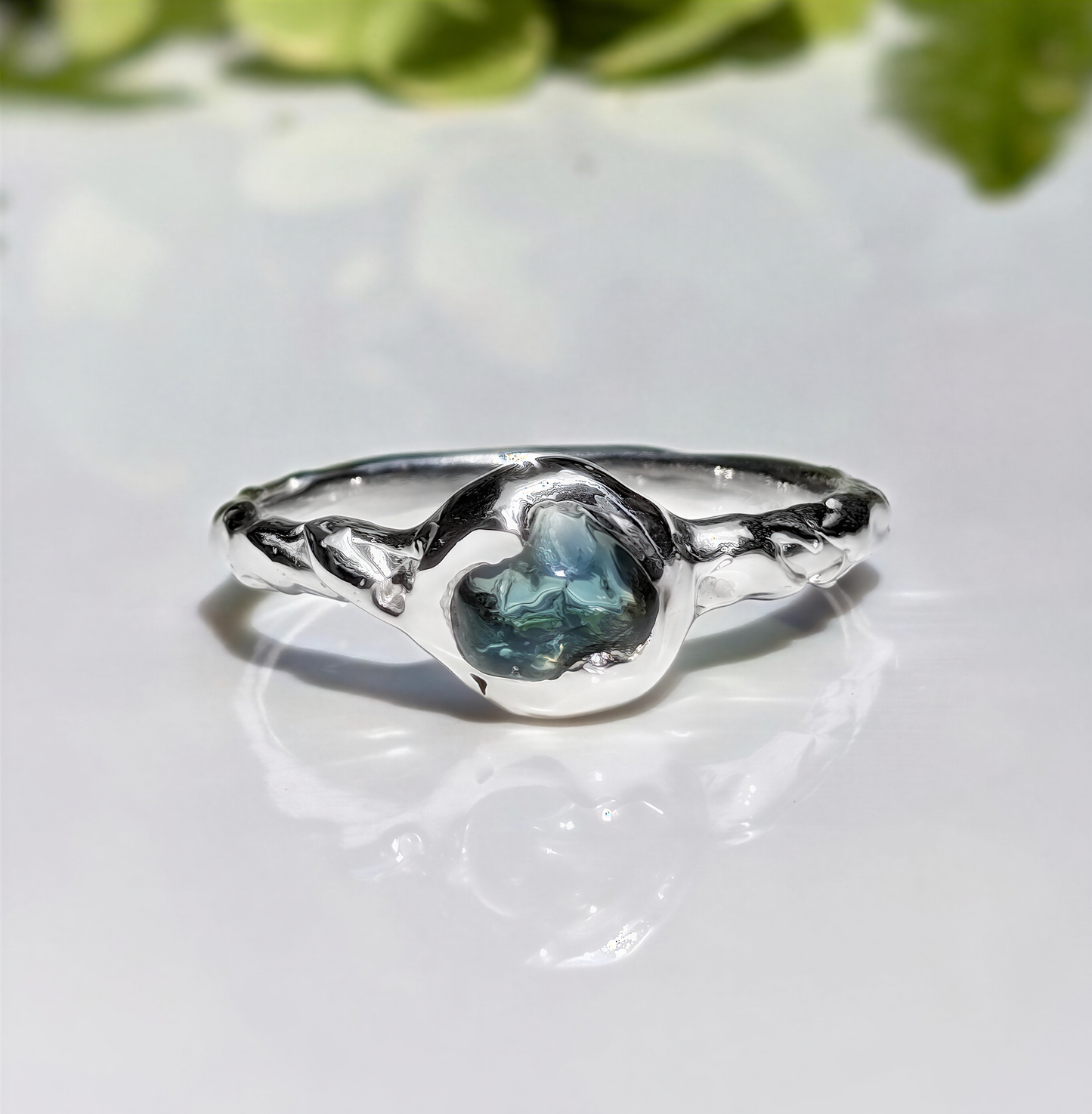 Australian Sapphire ring in solid 14k gold with textured band, unique teal color stone from the 'Pea in a Pod' collection.