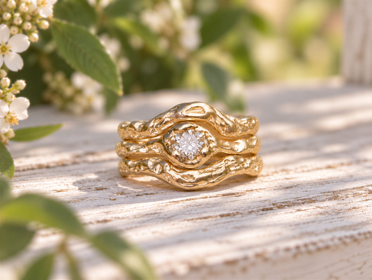 Organic 14k gold Moissanite wedding 3-ring set with curved molten wedding bands