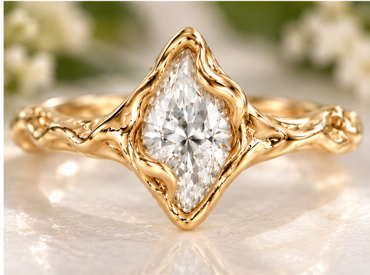 Close-up of sparkling marquise-cut Moissanite in handcrafted molten gold setting
