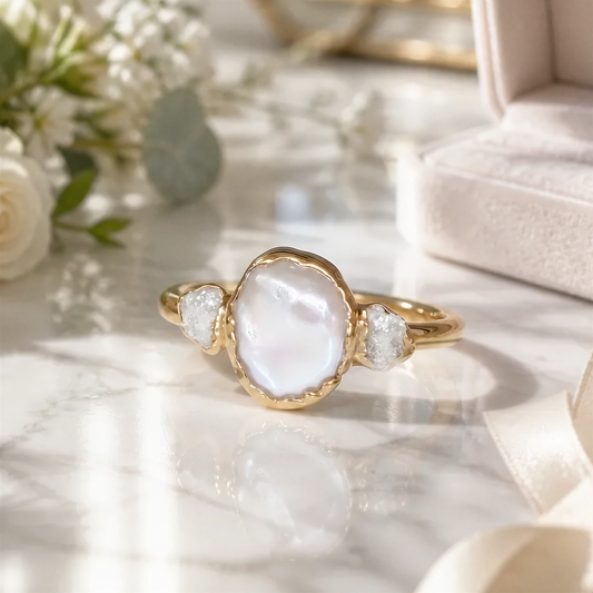 A gold ring with a large Pearl in the center, surrounded by smaller raw diamonds, sits on a marble surface.