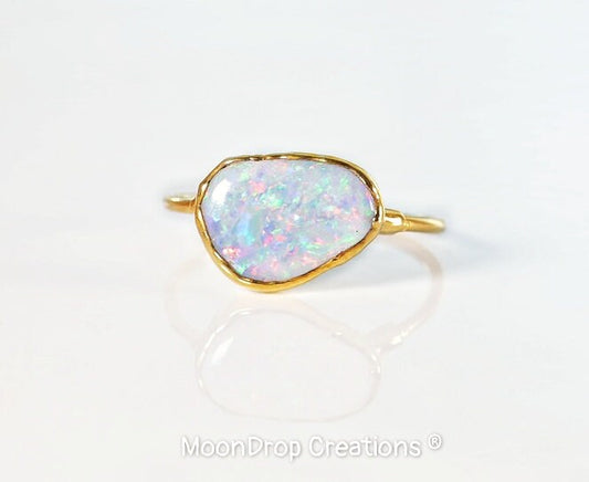 Handcrafted Australian Opal ring on 14k Gold filled band for unique engagement or special occasions.