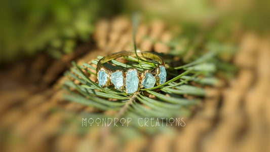 Raw aquamarine eternity ring on green foliage, featuring 5 small natural stones set on a gold-filled band.