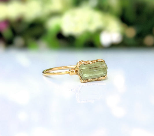 Raw yellow Apatite ring with 14k gold filled band showcasing unique natural gemstone.
