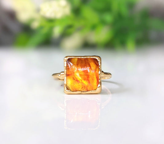 Square Baltic Amber gold ring with honey color stone set on a 14k Gold filled band, unique handmade jewelry.