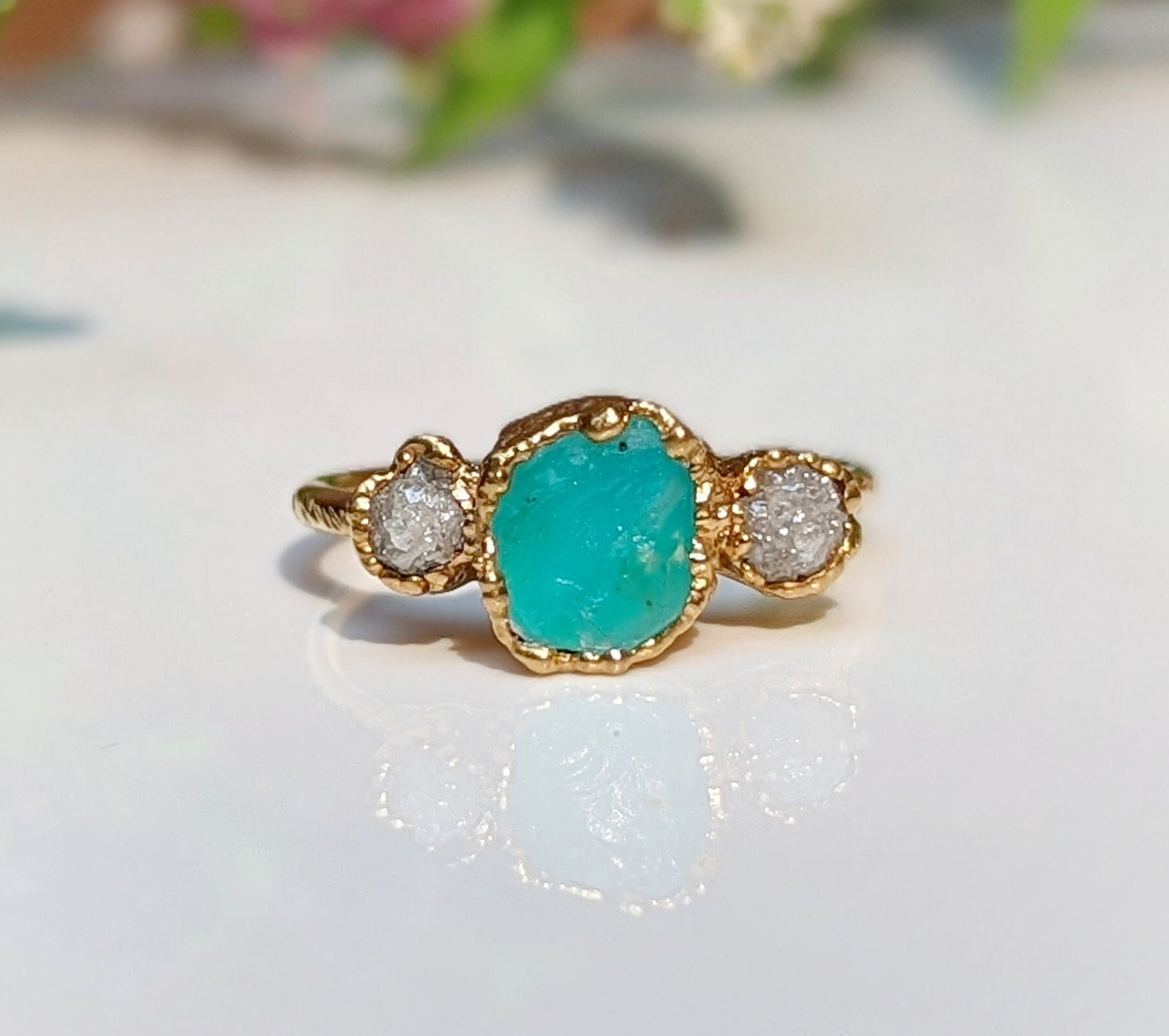 Raw Peruvian Opal and diamond ring in solid 14k gold, showcasing a unique, handcrafted design.