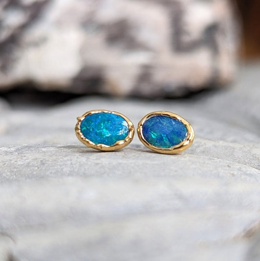 Elegant Blue Australian Opal stud earrings in 18k Gold, perfect for gifts and special occasions.