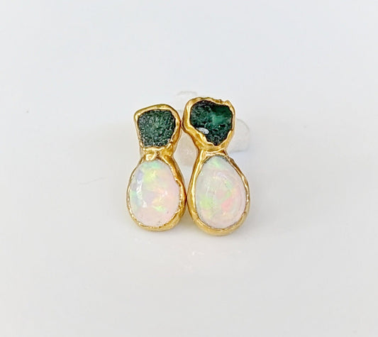 Unique raw Emerald and Opal stud earrings in gold, dainty and rustic, perfect for bridal or everyday elegance.