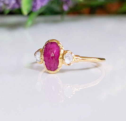 Rubellite Tourmaline ring with Herkimer diamonds on 14k gold band, symbolizing unique love and elegance.
