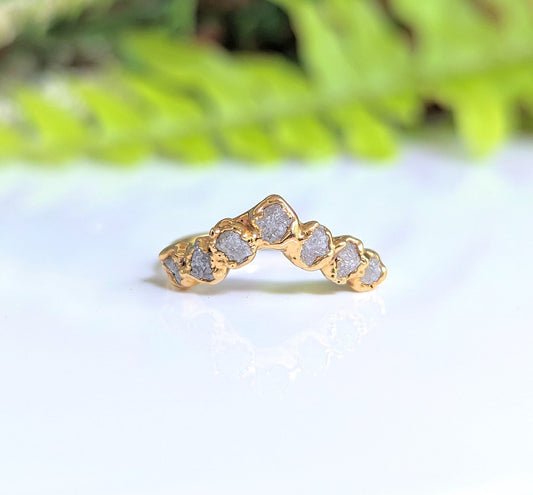 Raw diamond Chevron wedding band featuring seven unique raw diamonds on a sleek gold band, ideal for engagements or weddings.
