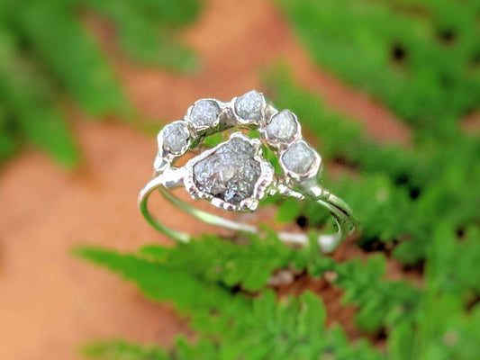 Raw diamond Chevron wedding ring set featuring unique silver-grey diamonds on a Sterling silver band, handcrafted elegance.