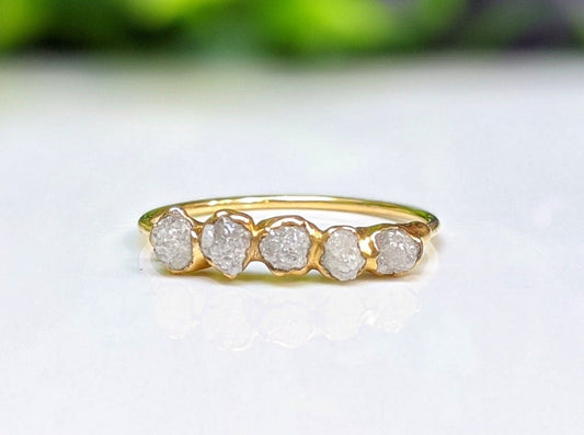 Handcrafted raw diamond eternity ring in 18k gold, featuring five conflict-free uncut diamonds, symbolizing everlasting love.