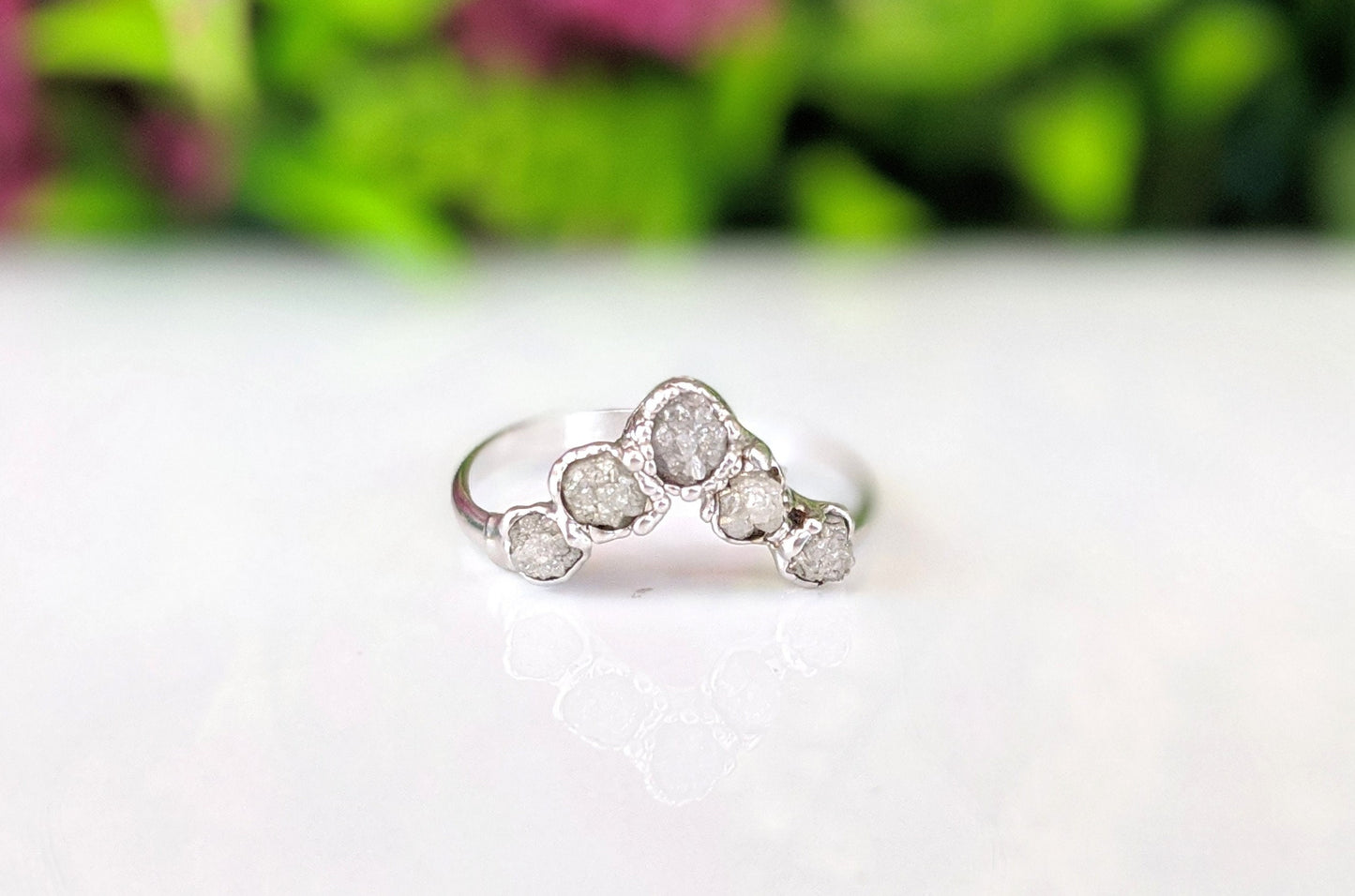 Ethically sourced raw diamond Chevron ring in silver, featuring five conflict-free diamonds, stunning engagement option.