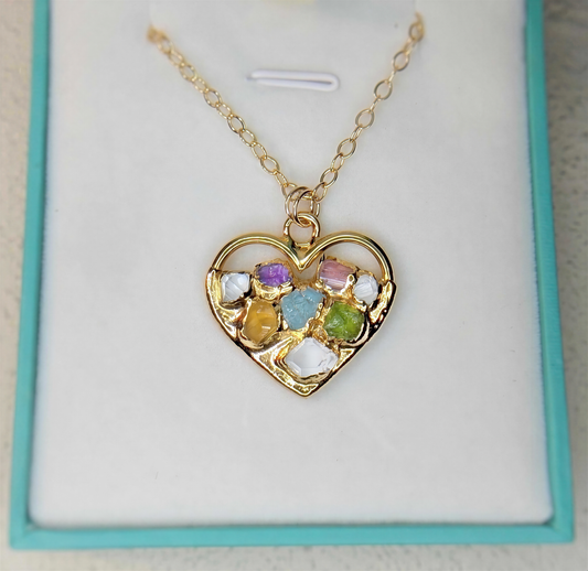 Heart-shaped gold necklace with colorful birthstones, personalized family jewelry gift for mom.