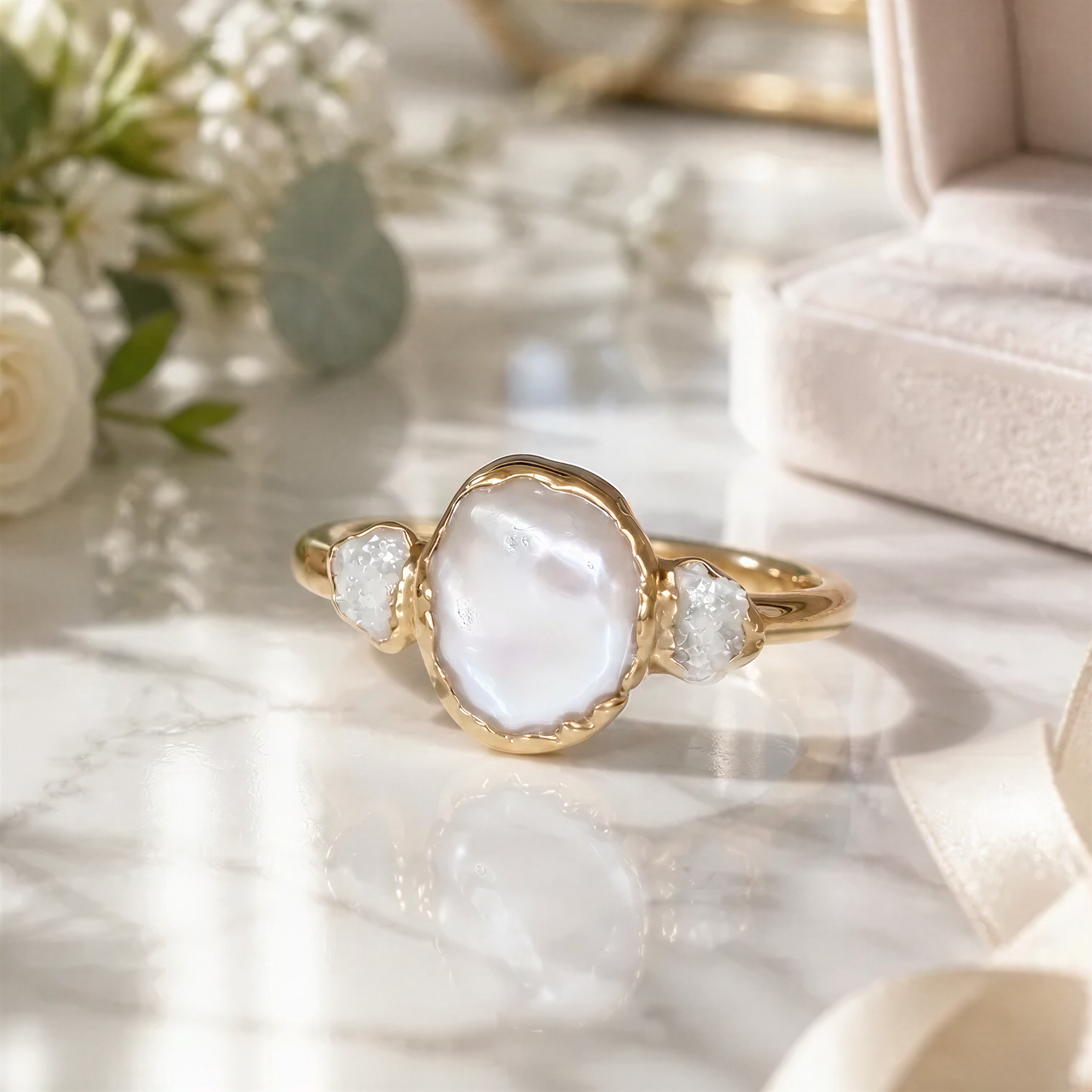 A gold ring with a large oval-shaped stone in the center, surrounded by smaller stones, sits on a marble surface.