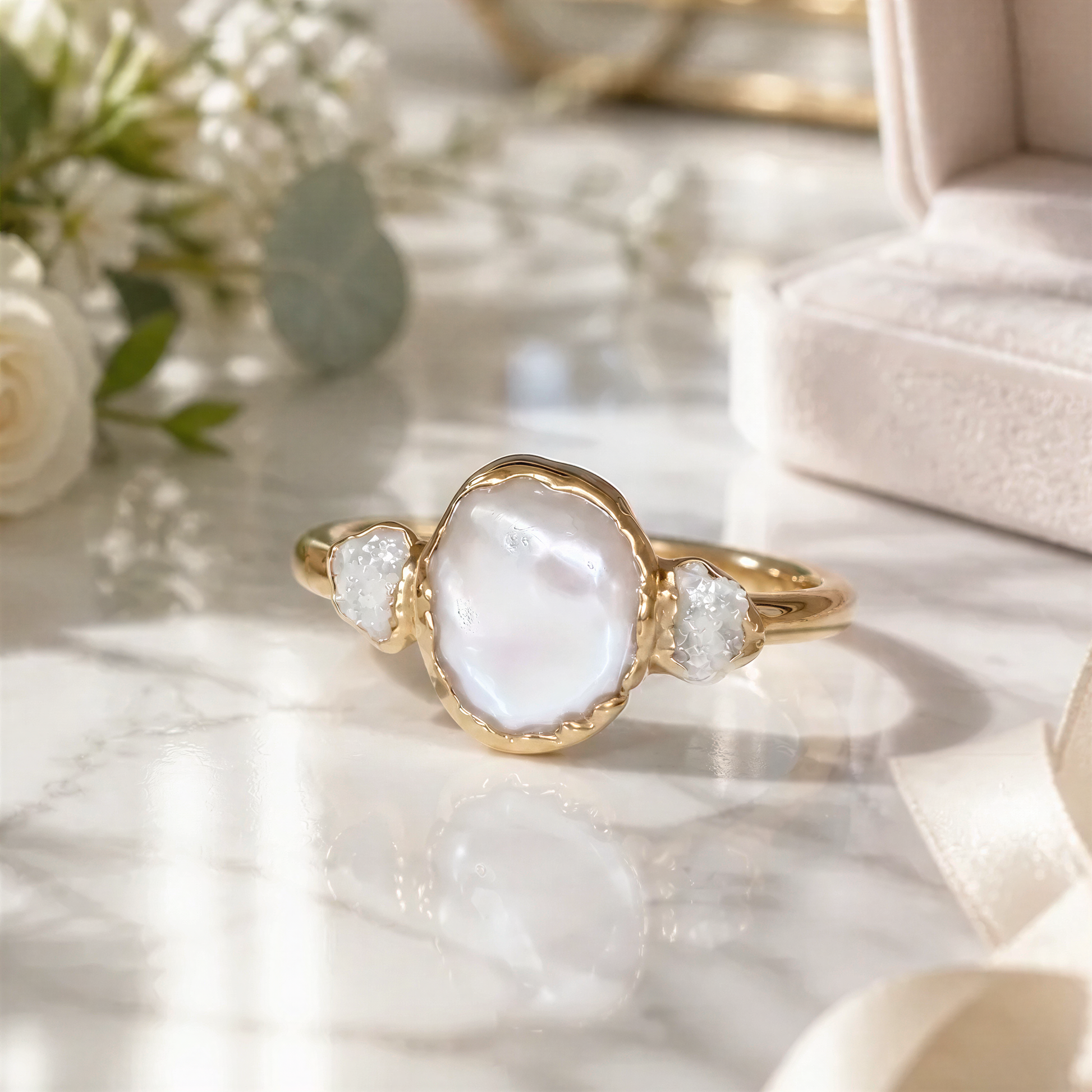 A gold ring with a large oval-shaped stone in the center, surrounded by smaller stones, sits on a marble surface.