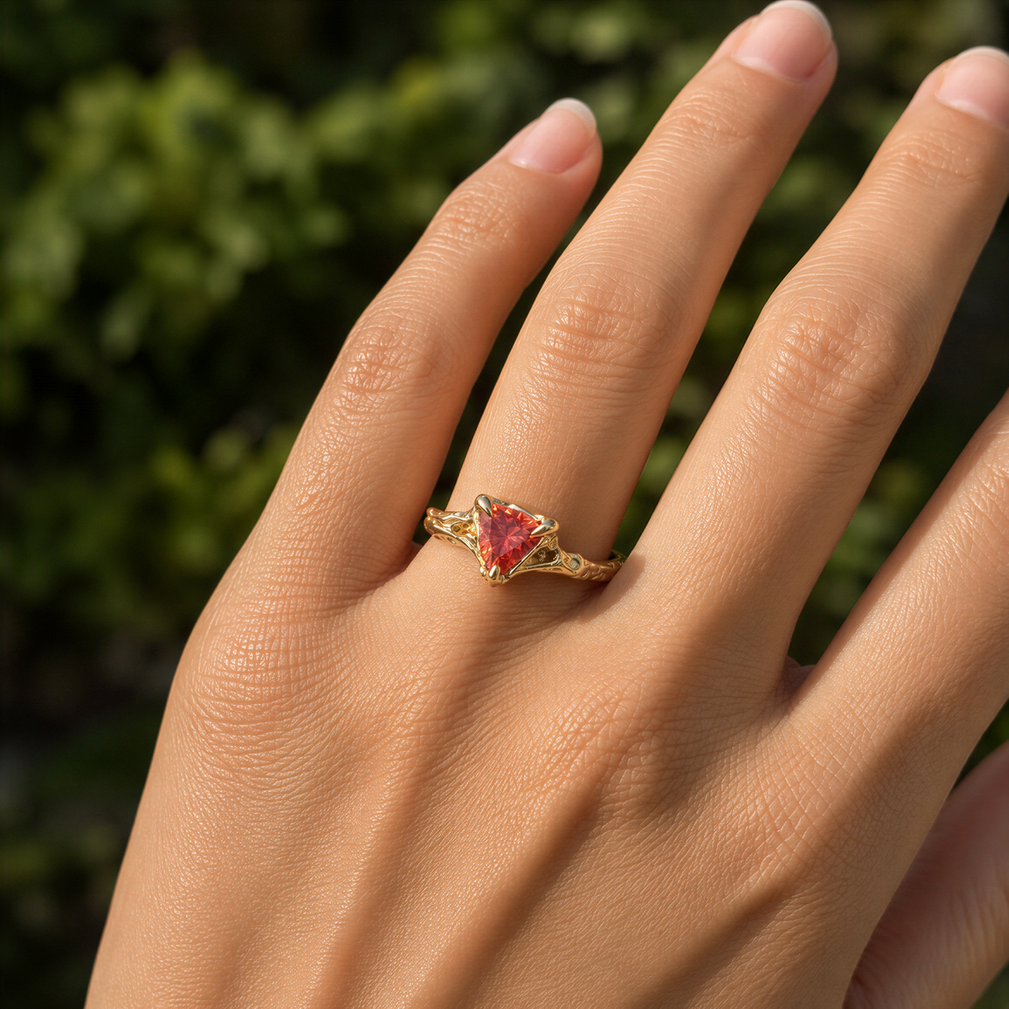 A textured gold ring with a bright orange sapphire worn on a person's finger, set against a blurred green outdoor background.