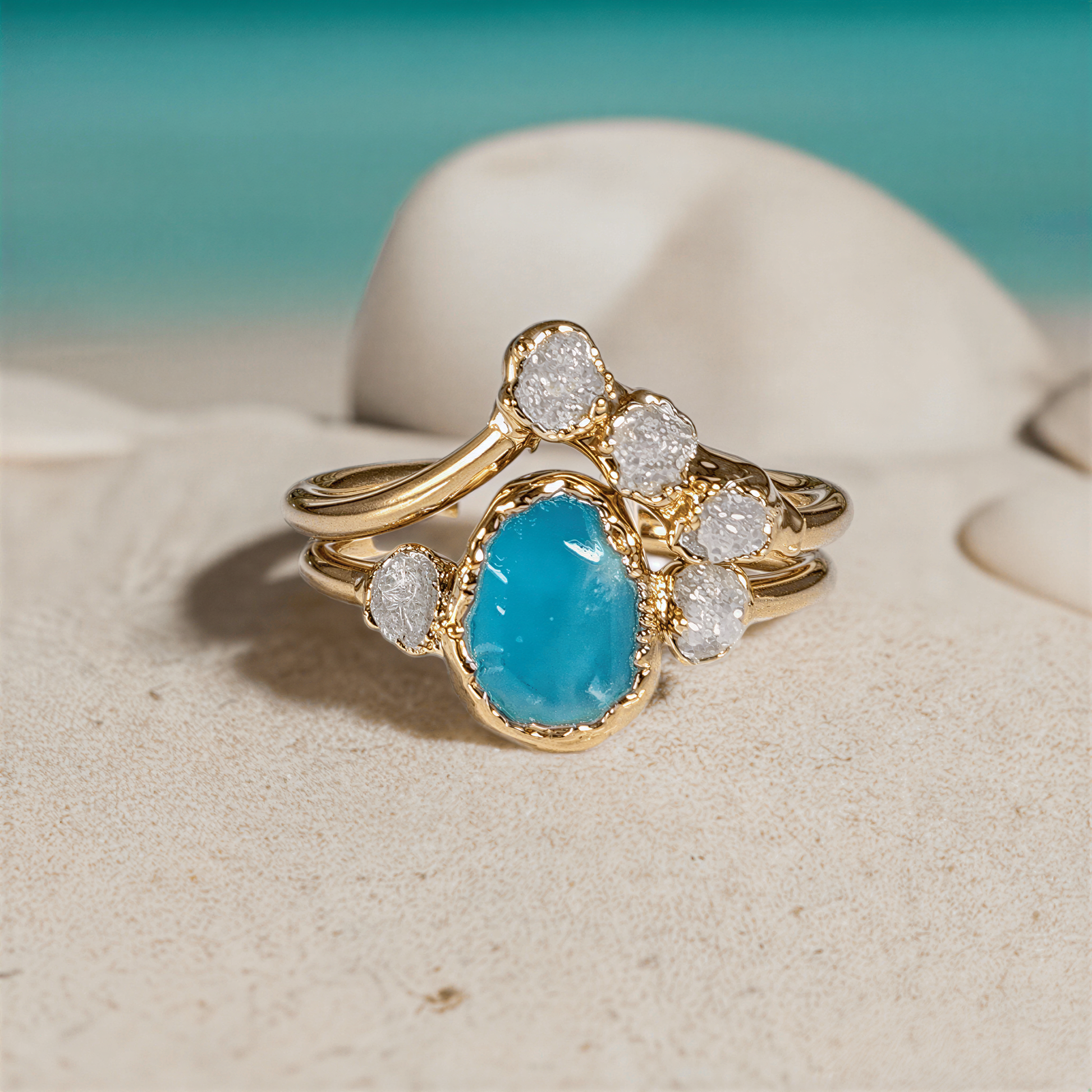 Raw Peruvian Opal and diamond engagement ring set on sandy beach, showcasing unique aqua-blue opal and sparkling diamonds.