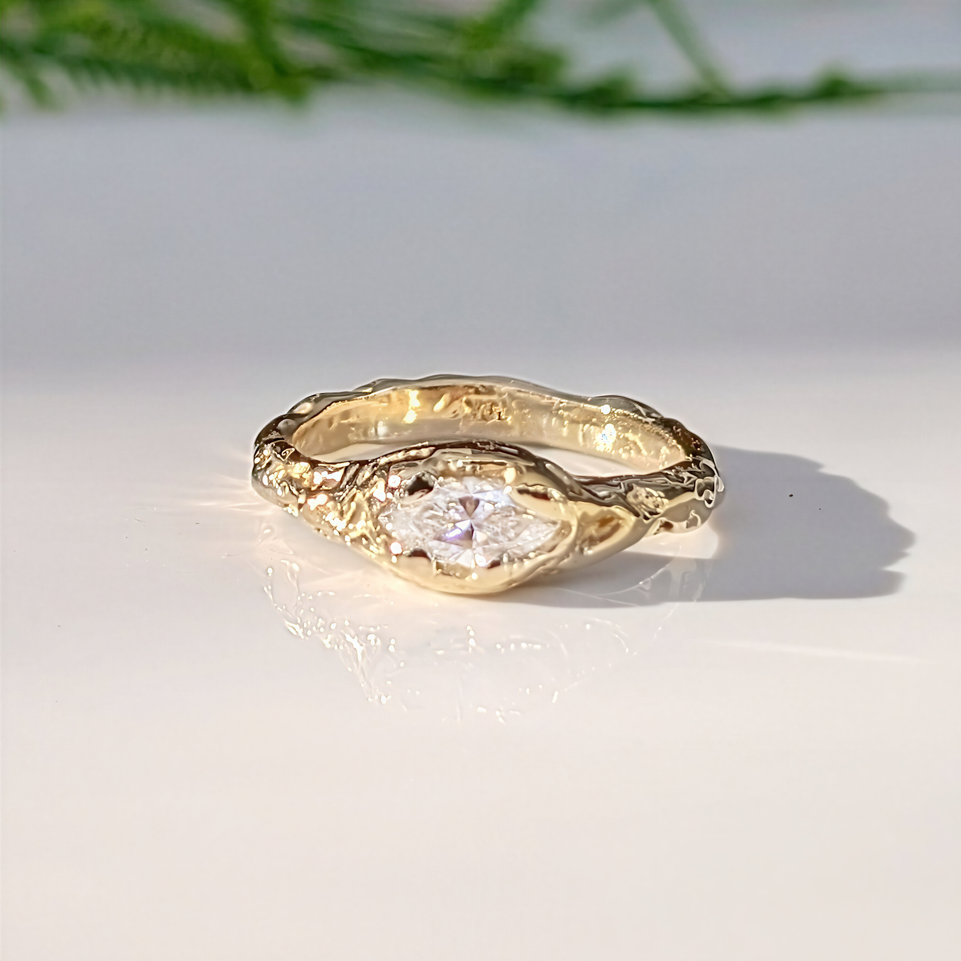 Moissanite Engagement Ring - Solid 14k Gold Textured Band