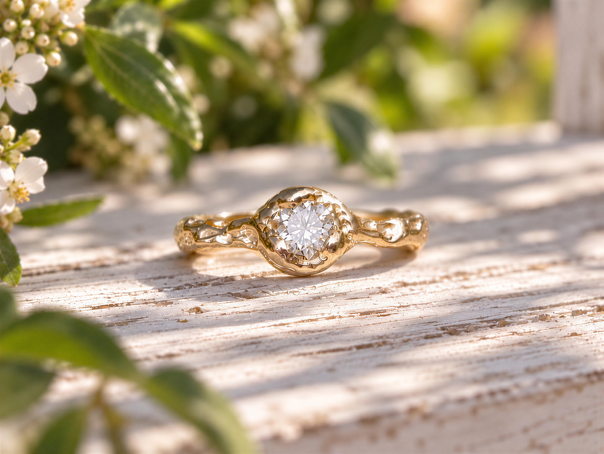 A gold ring with a large diamond set in the center, resting on a wooden surface with green leaves in the background.