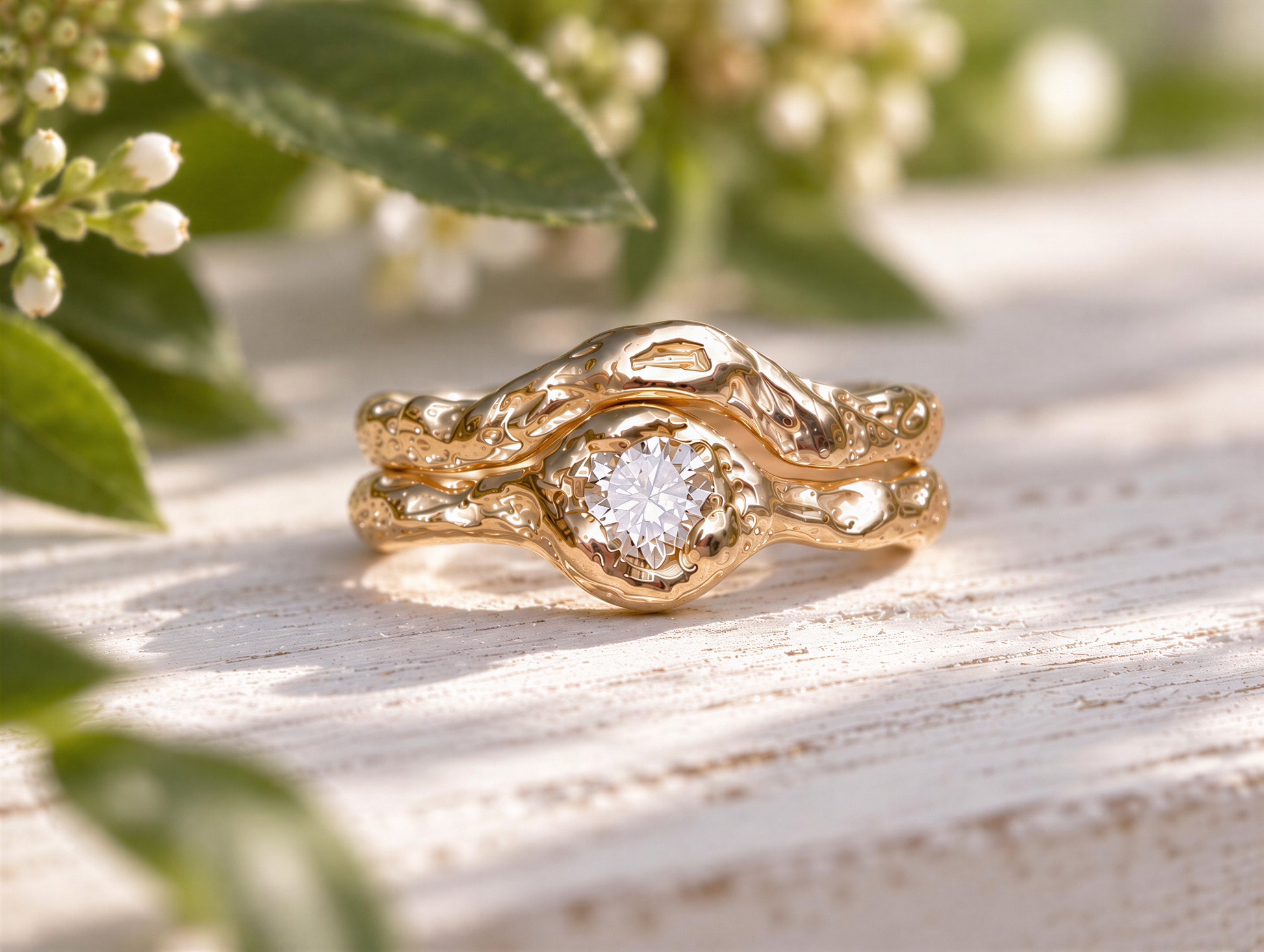 A gold ring with a large diamond set in the center, surrounded by a twisted, organic design, sits on a wooden surface with green leaves in the background.