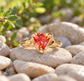 A gold ring with a red gemstone, possibly a ruby, is displayed on a bed of small white pebbles.