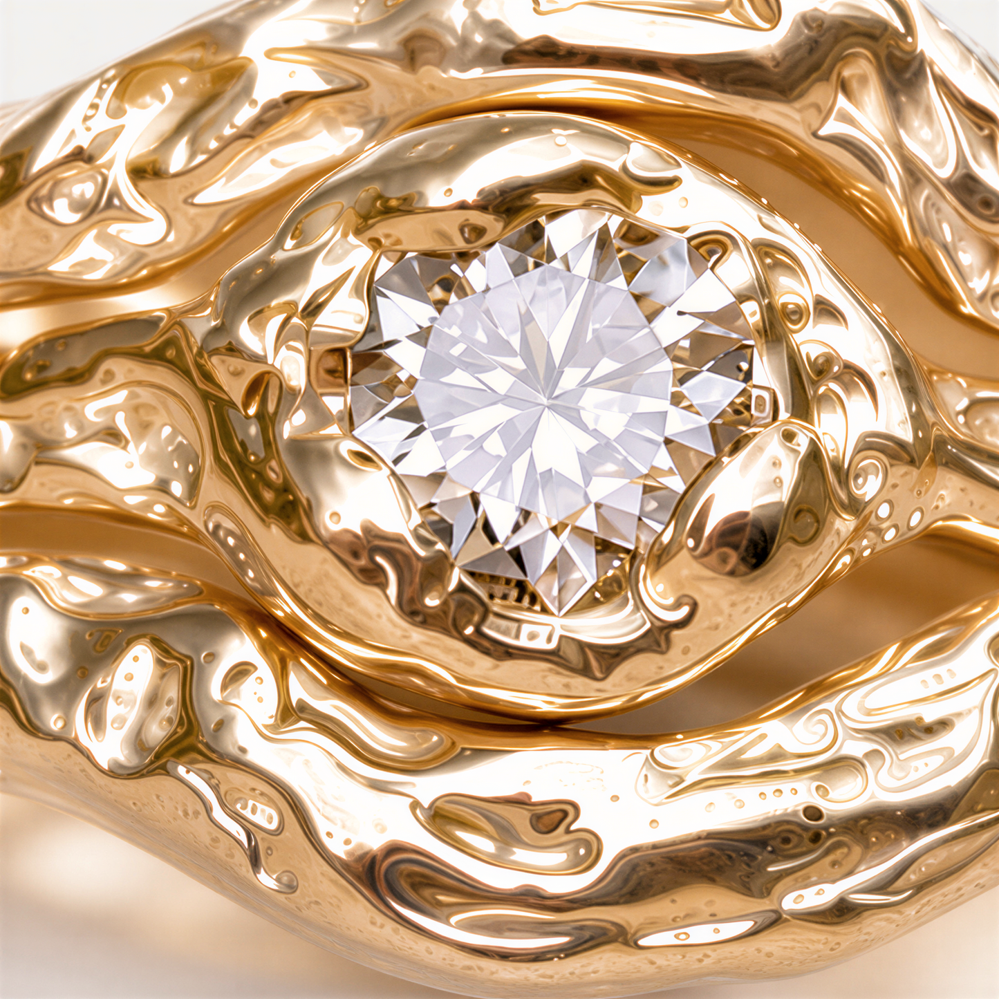 a close-up view of a gold ring with a large, clear diamond at its center.