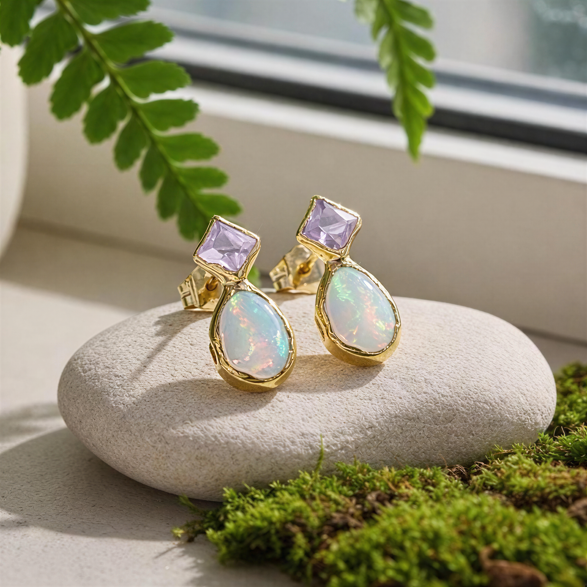 Gold earrings with amethyst and opal gemstones on a white stone with greenery