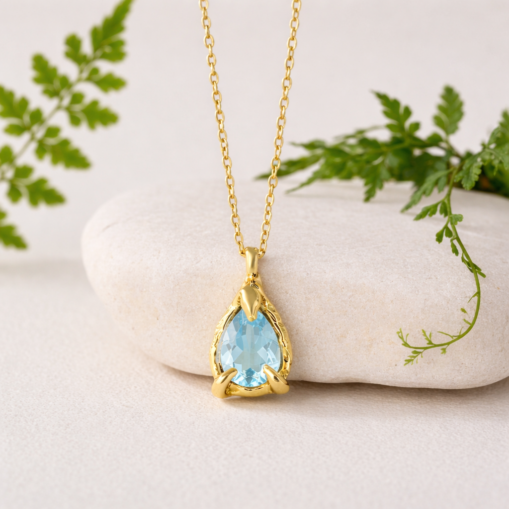 Gold necklace with an Aquamarine pendant on a white stone with greenery