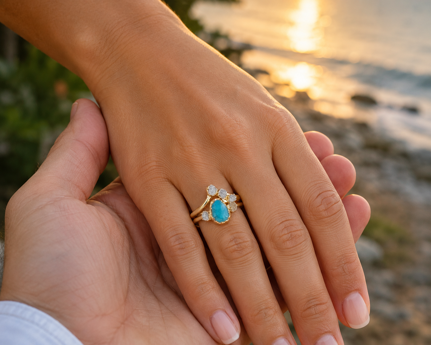 A gold engagement ring with a teardrop-shaped turquoise stone and small round diamonds, worn on a woman's hand which is held in a man's hand outdoors near the water at sunset.