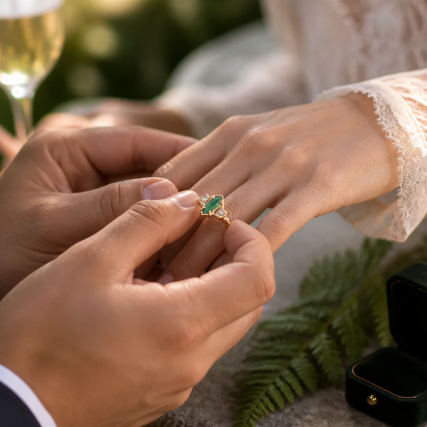 A man is placing a Gold Emerald and diamond ring on a woman's finger.