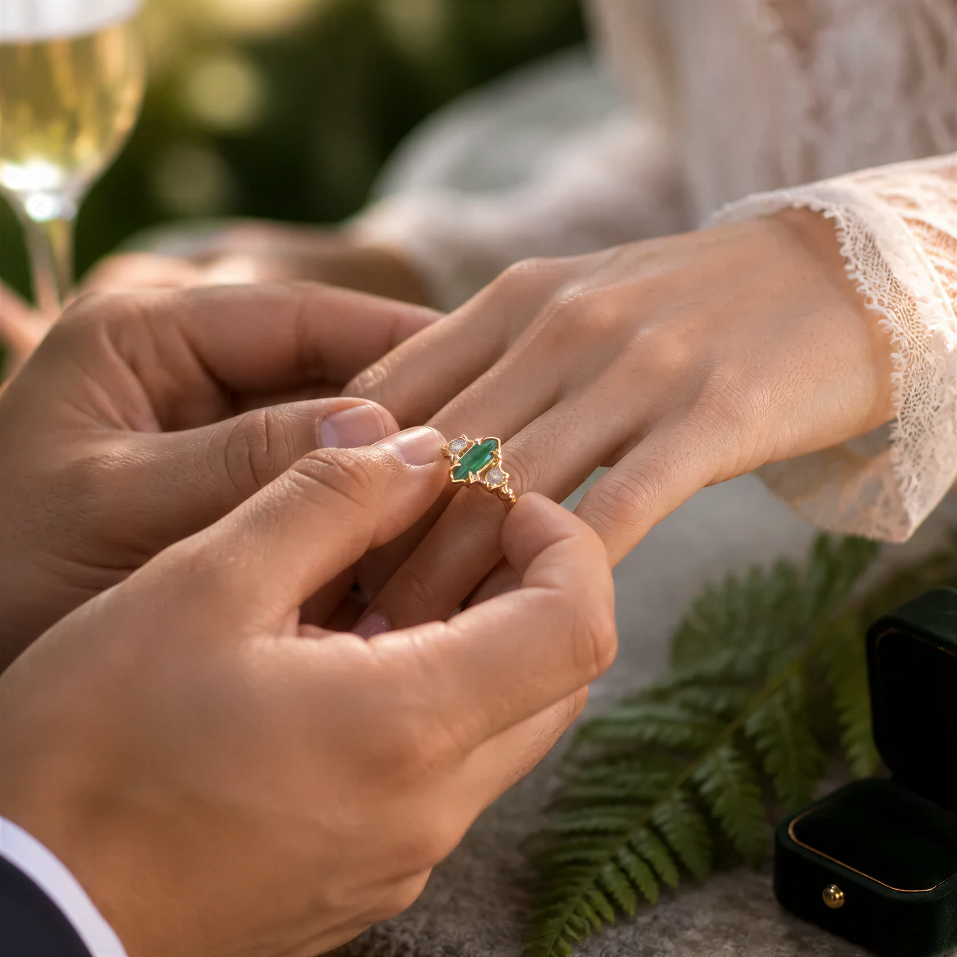 A man is placing a Gold Emerald and diamond ring on a woman's finger.