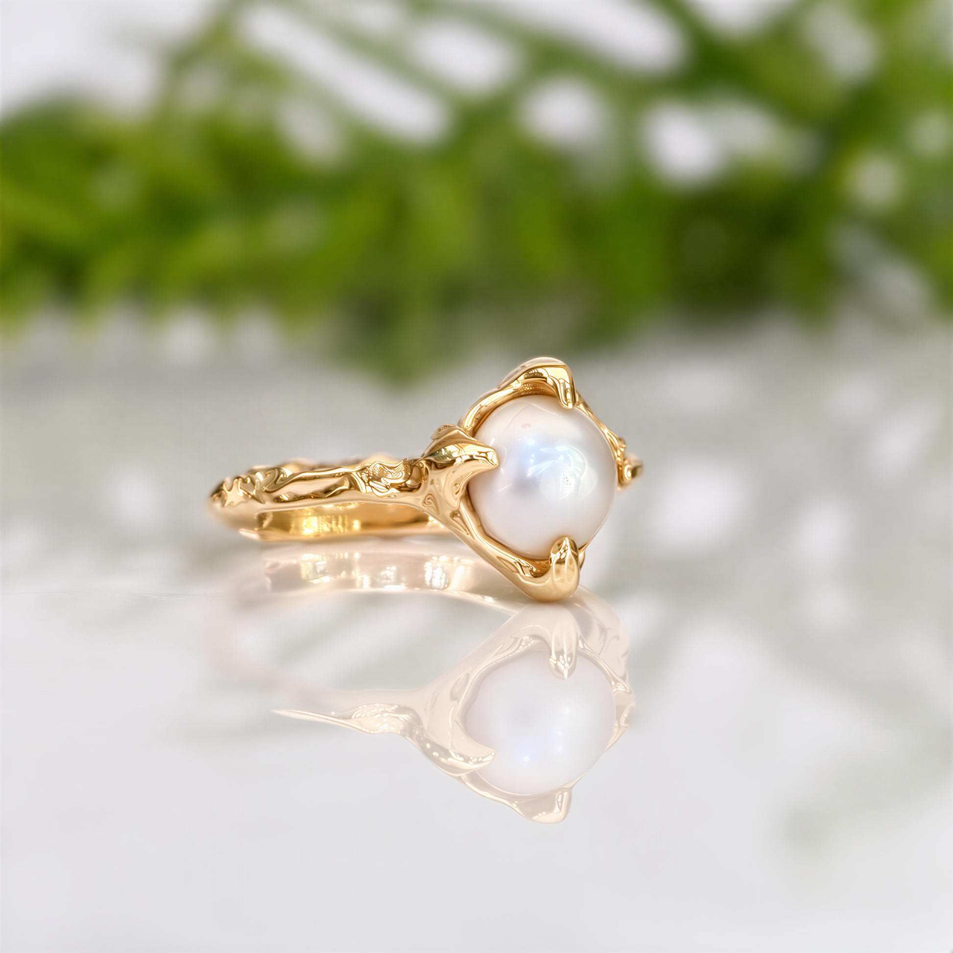 Freshwater Keshi Pearl Ring with creamy-white pearl and organic textured gold band