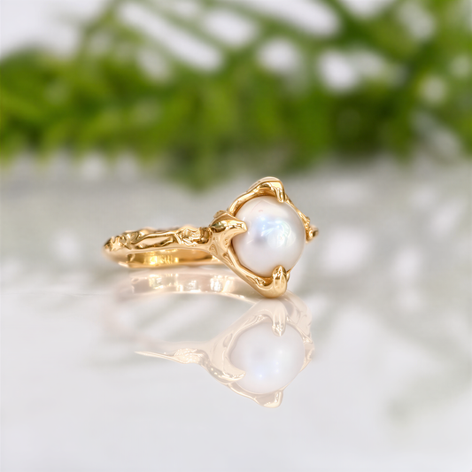 Freshwater Keshi Pearl Ring with creamy-white pearl and organic textured gold band