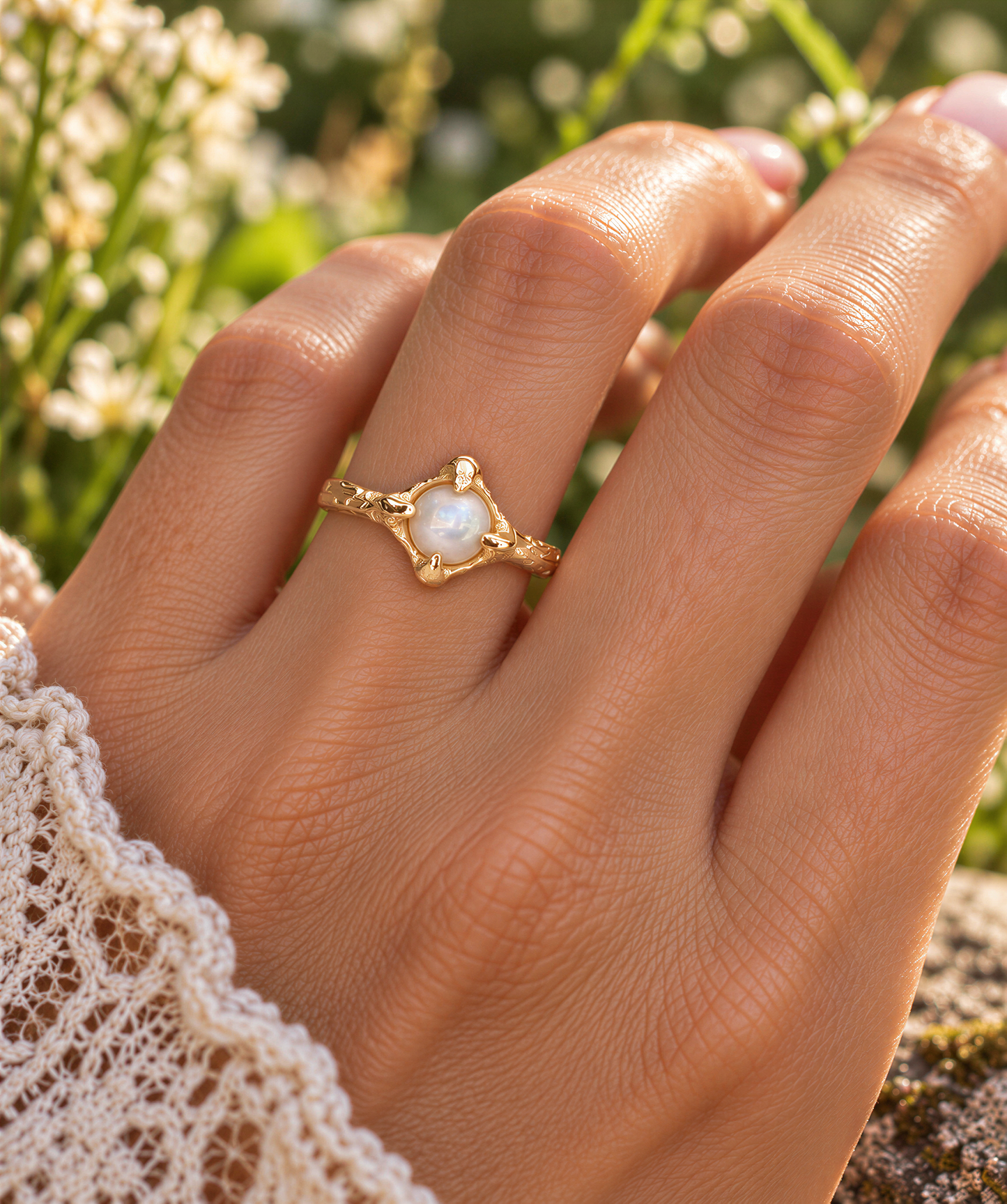 Woman wearing a handcrafted freshwater Keshi pearl ring