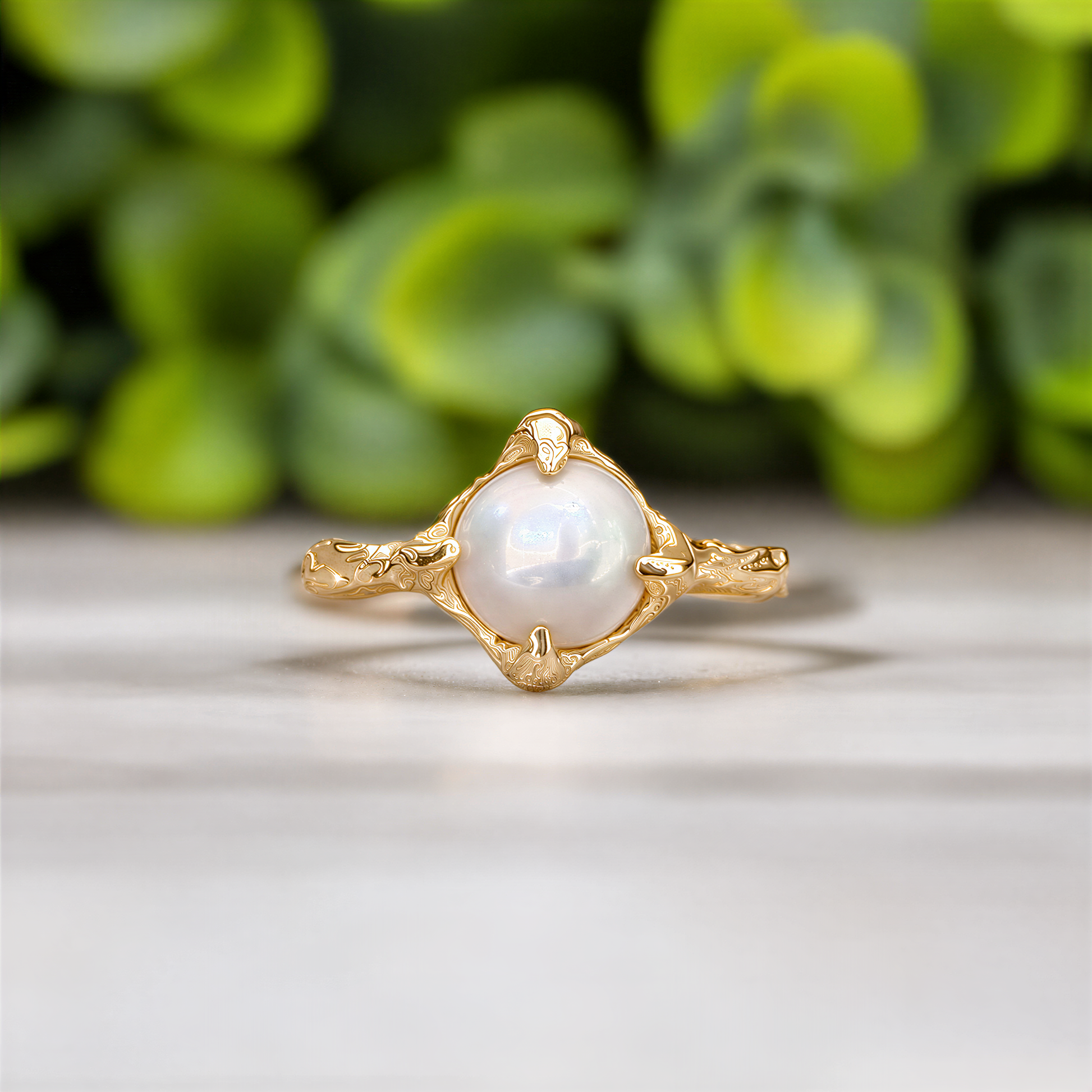 Freshwater Keshi pearl ring with organic Molten Gold band