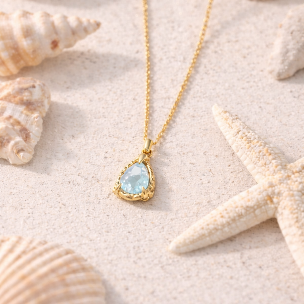 Gold necklace with a teardrop-shaped Aquamarine pendant on sand with shells and a starfish