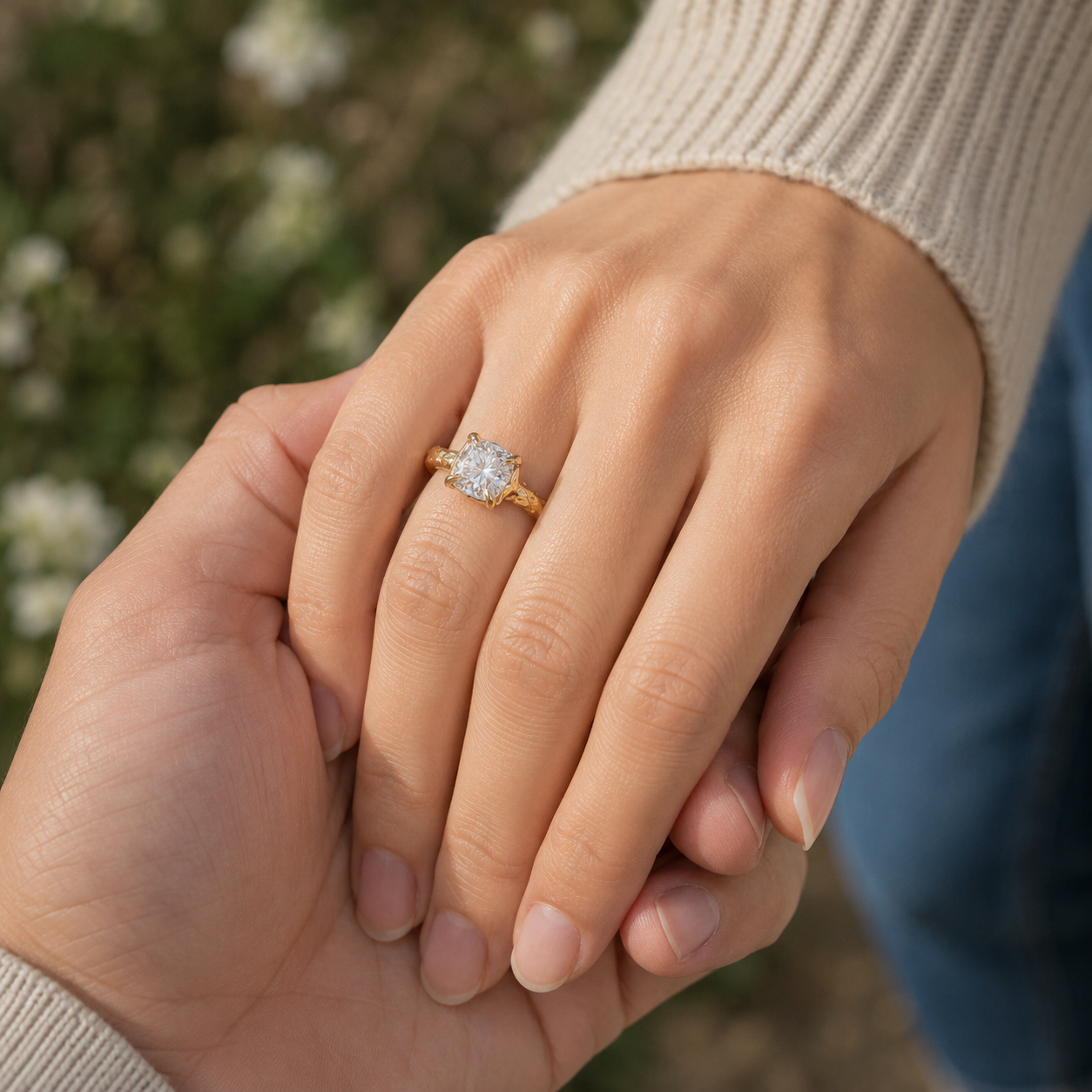 A close-up lifestyle shot of a gold textured ring with a Moissanite worn on a woman's finger, holding hands with another person in an outdoor setting.