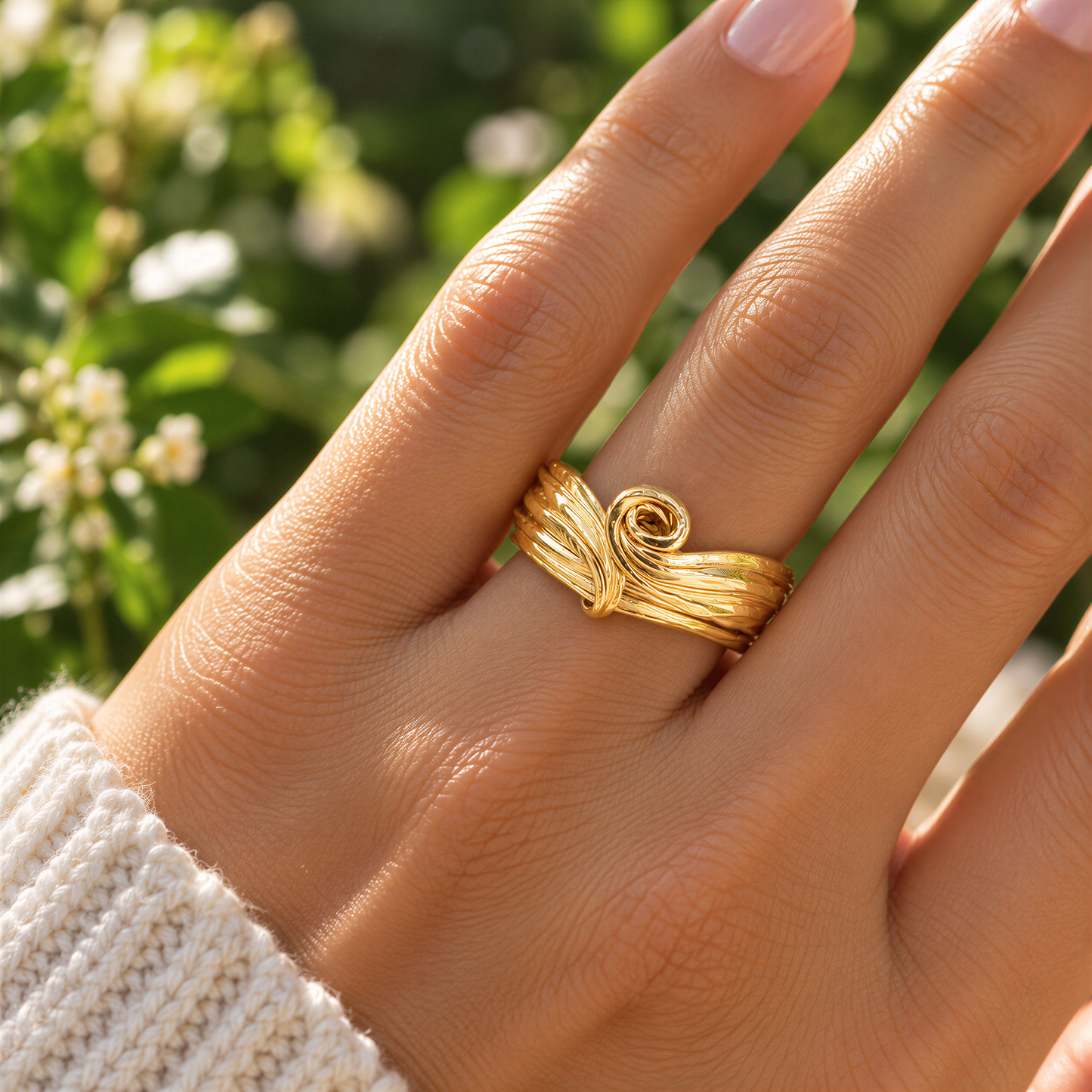A close-up of a person's hand wearing a gold ring with a unique, intricate molten textured design.