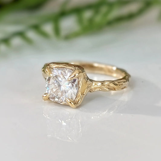 Moissanite engagement ring, textured gold alternative engagement ring