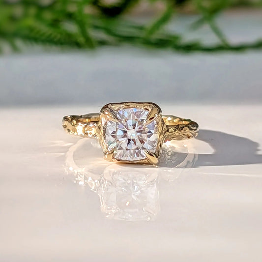 Moissanite engagement ring, textured gold alternative engagement ring