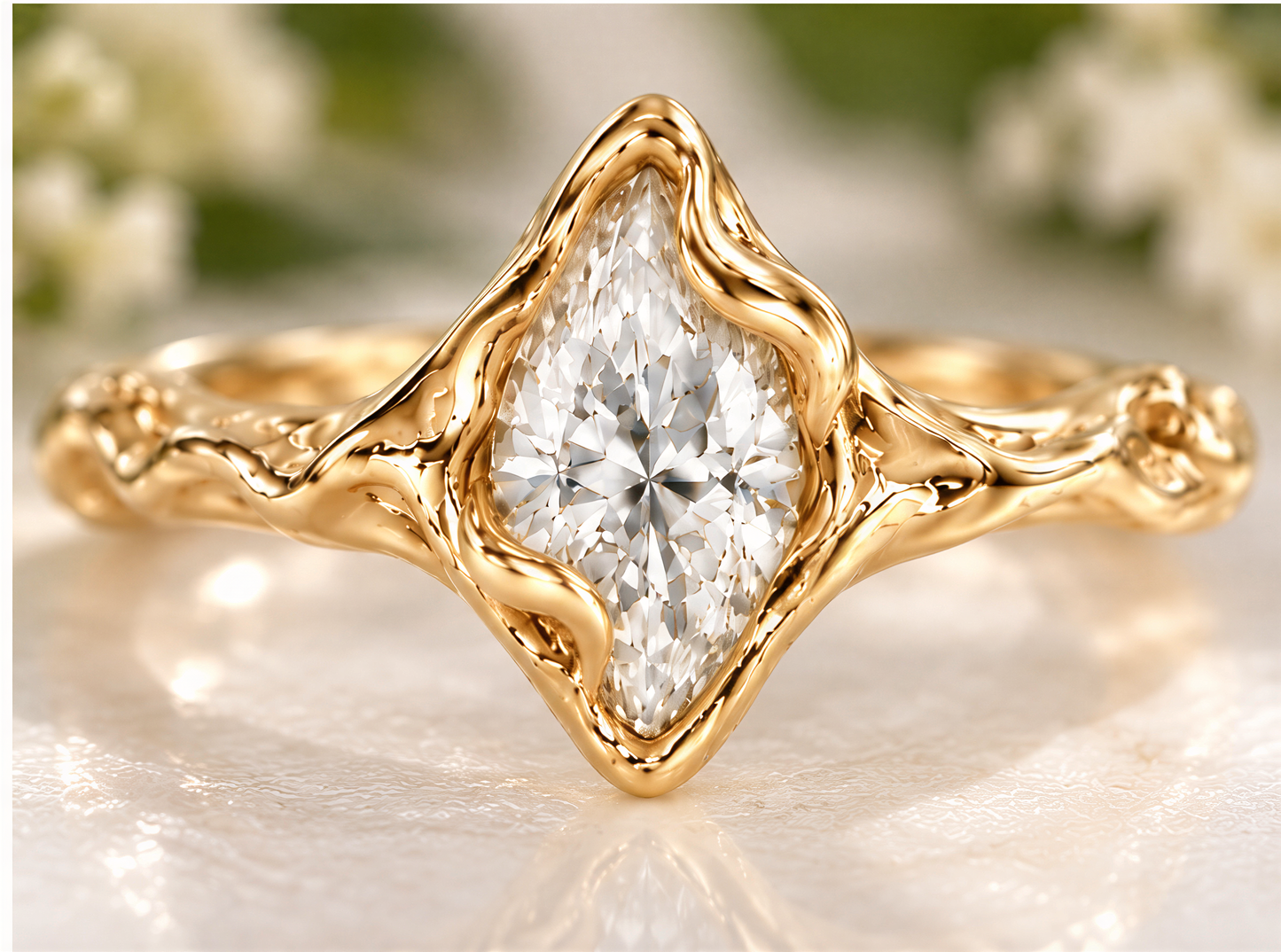 A close-up image of a gold ring with a large Moissanite set in the center, surrounded by a decorative band.