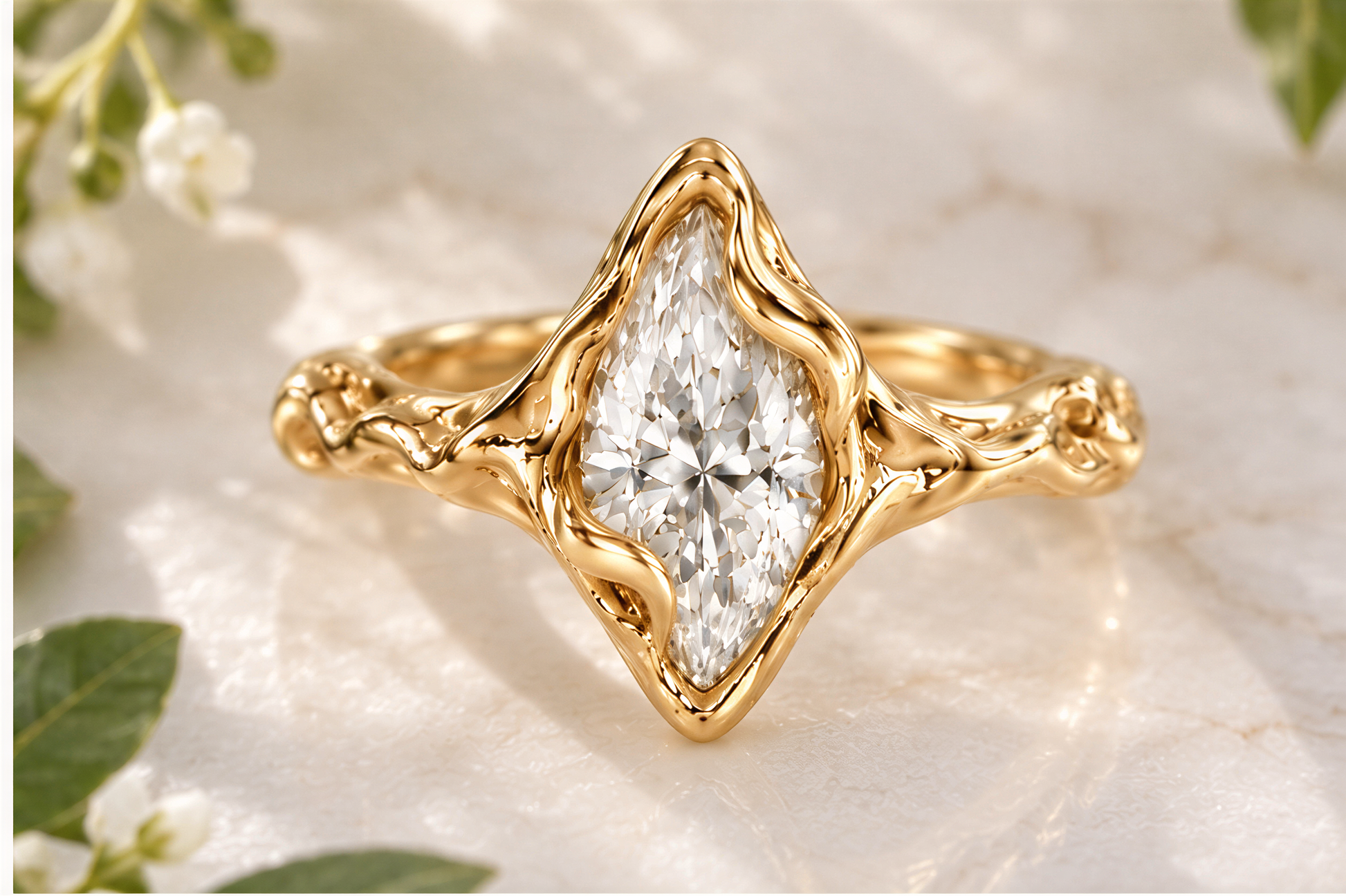 A close-up image of a gold ring with a large Moissanite set in the center, surrounded by intricate designs.
