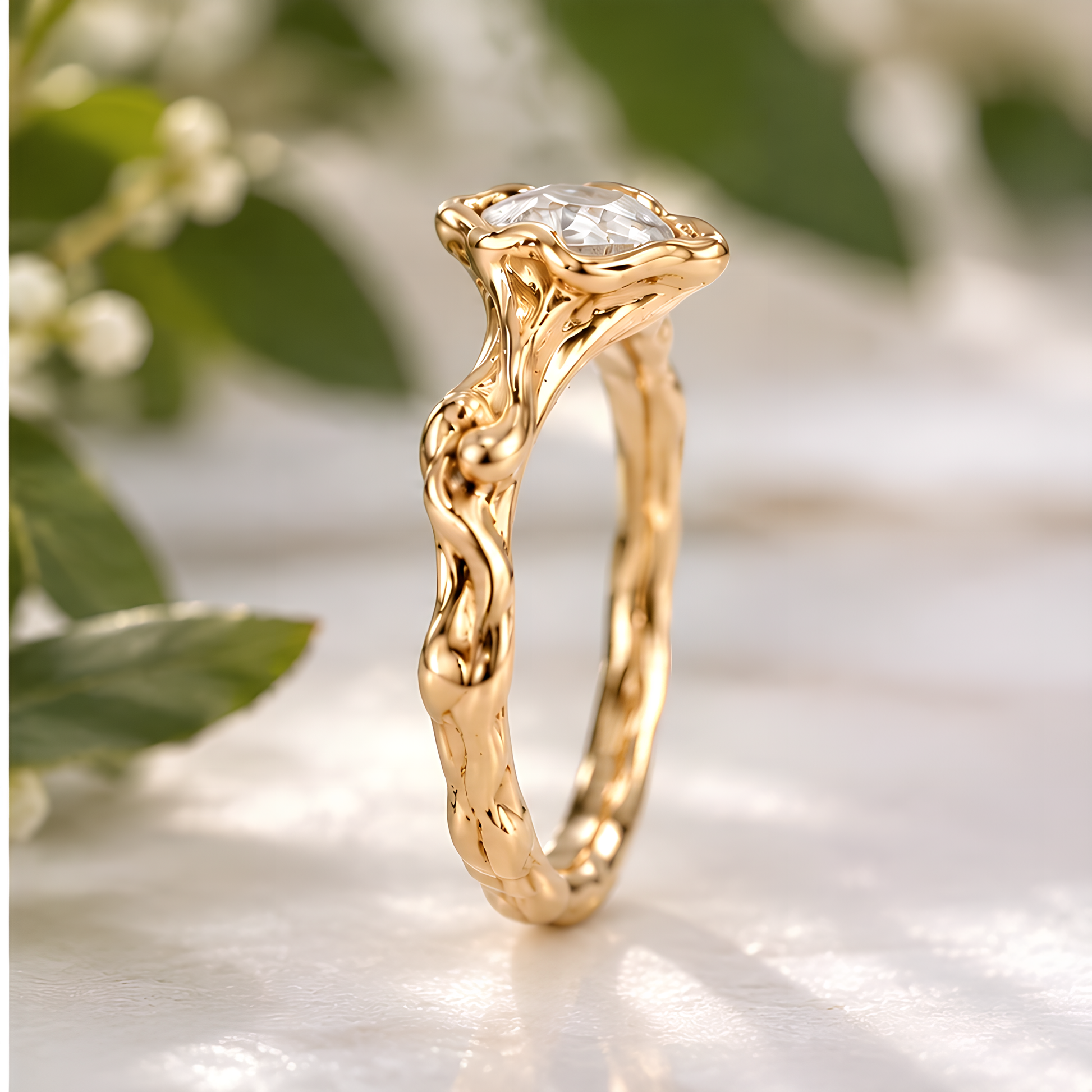 A close-up image of a gold ring with a large central Moissanite, set against a blurred background of green leaves.