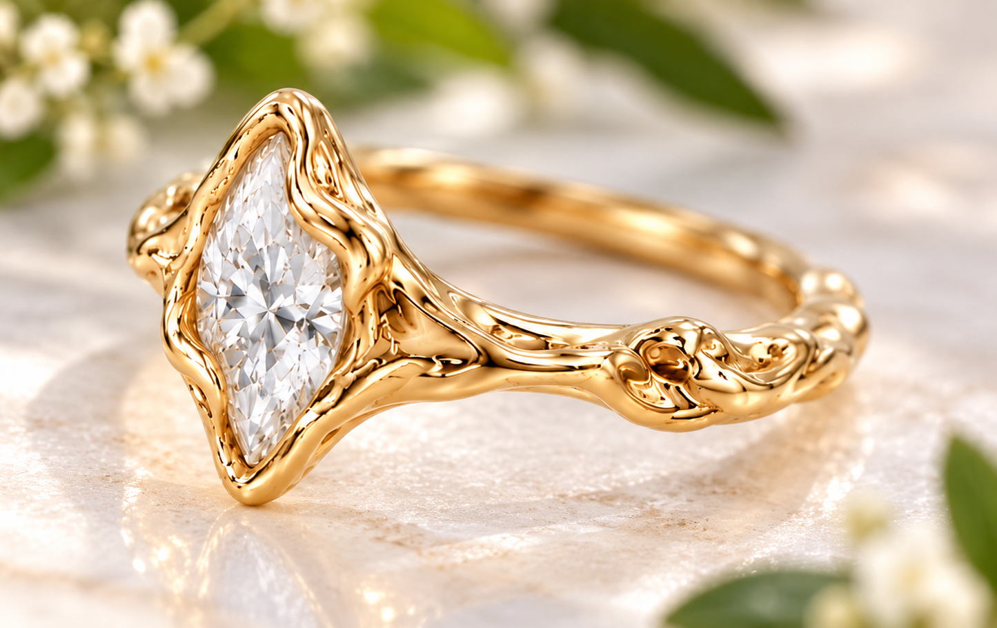 A close-up image of a gold ring with a large Moissanite set in the center, surrounded by intricate designs.