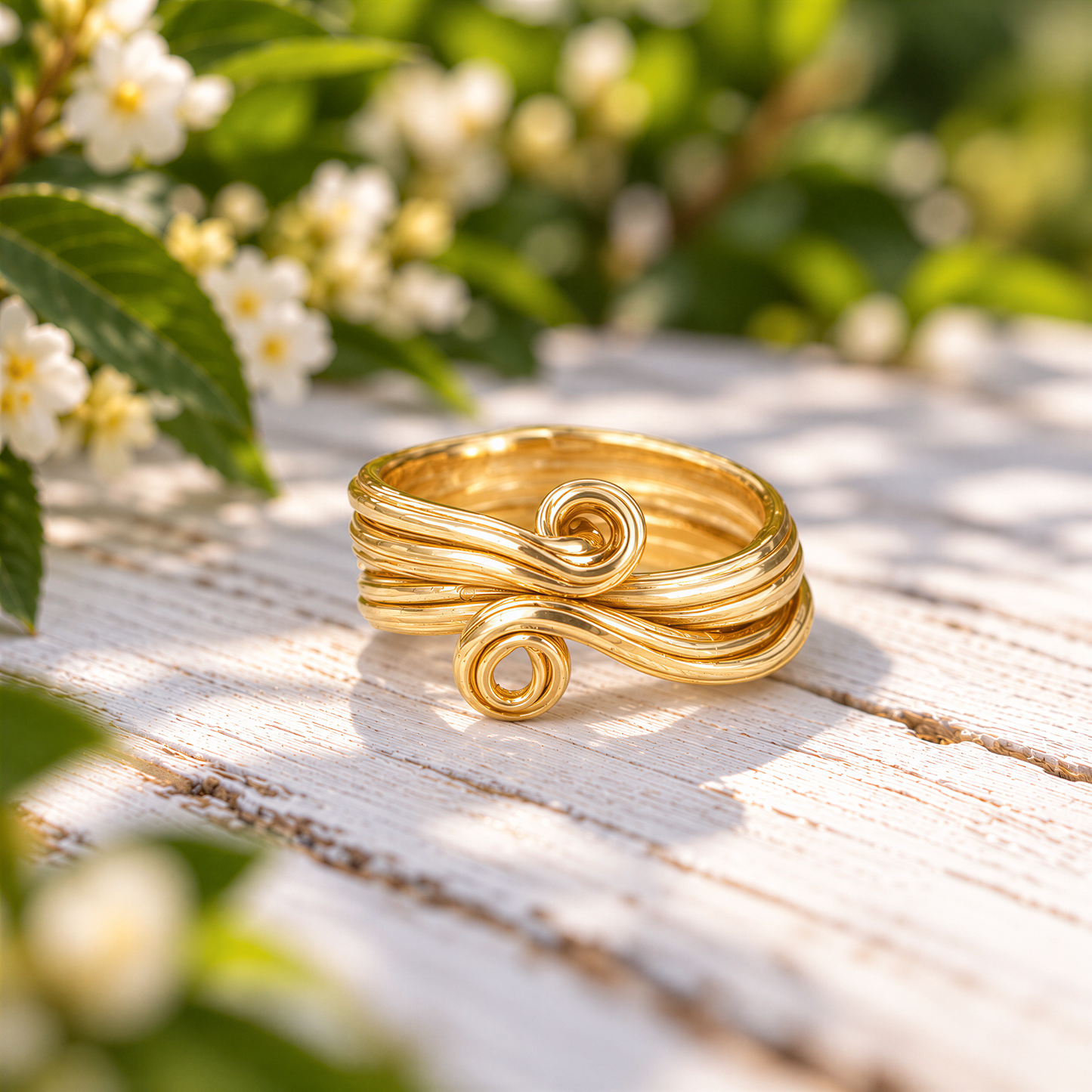 A gold ring with a twisted textured design sits on a wooden surface, surrounded by white flowers and green foliage.