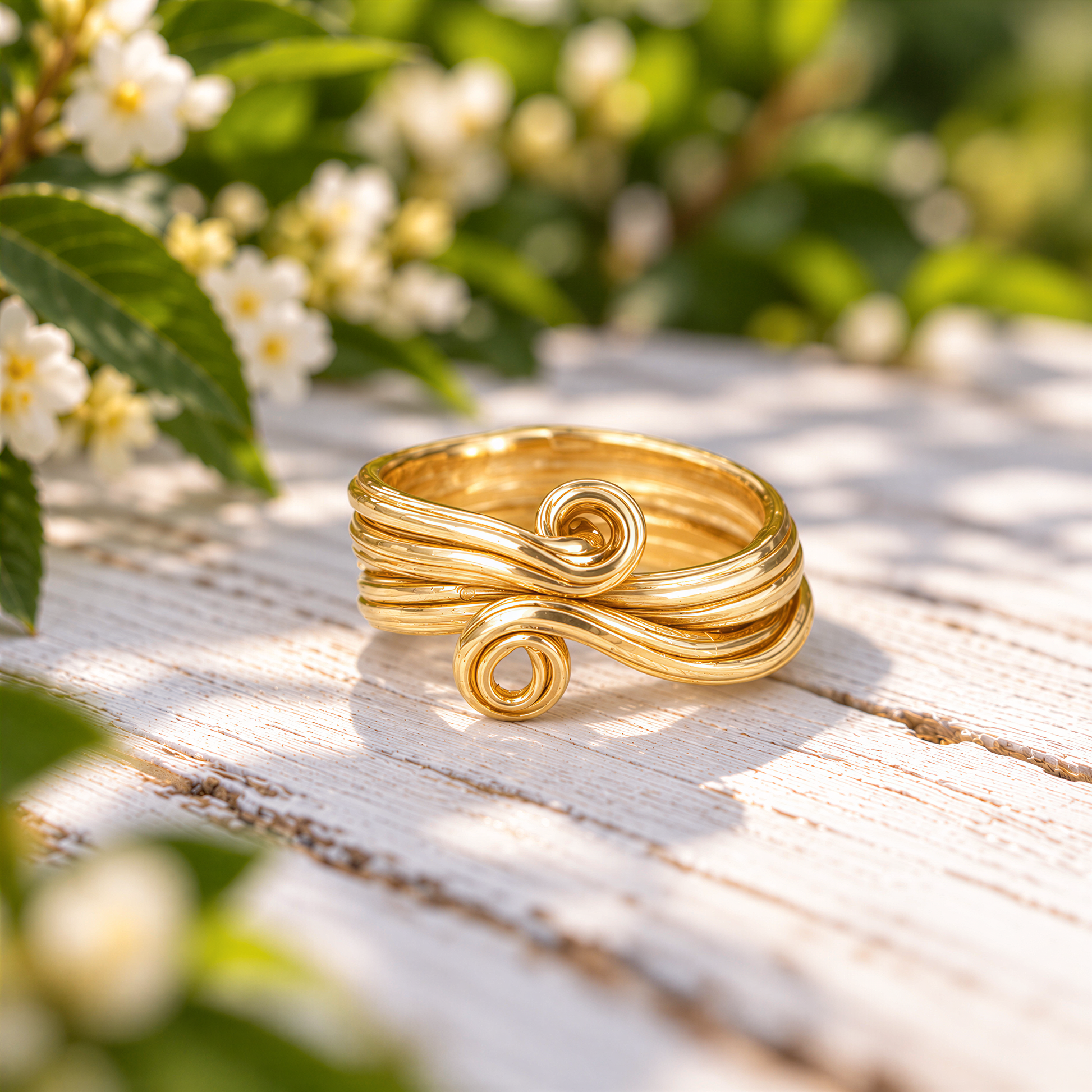 A gold ring with a twisted textured design sits on a wooden surface, surrounded by white flowers and green foliage.