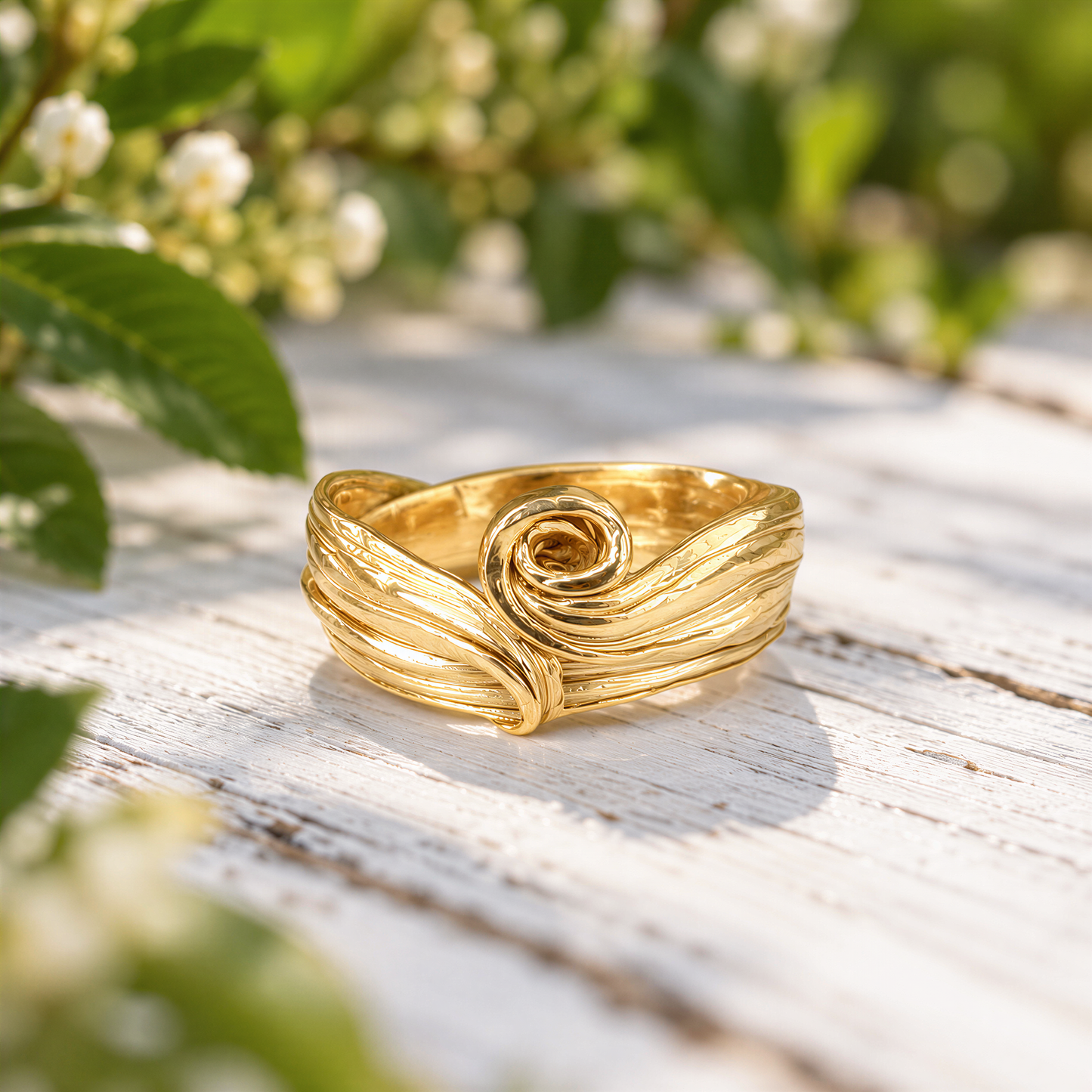 A gold ring with a textured, curled design sits on a wooden surface, surrounded by green foliage.