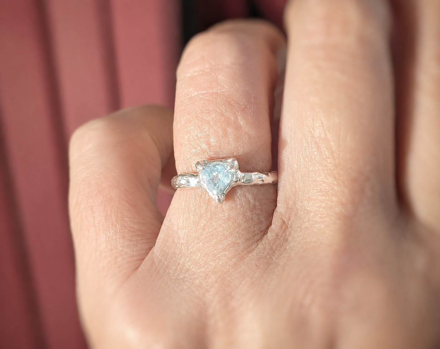 Sterling Silver textured Aquamarine ring on hand