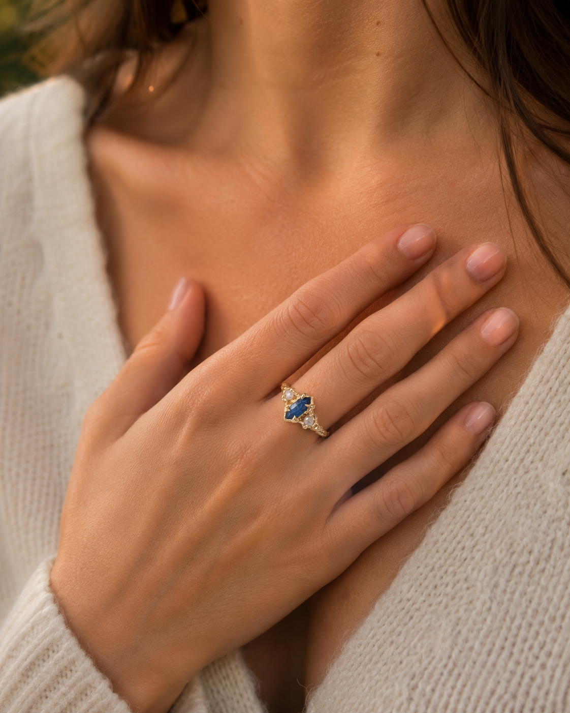 Sapphire and Diamond Engagement Ring – Marquise Cut Sapphire, 14k Gold Rustic Band
