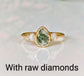 Pear-shaped Moss Agate ring with raw Herkimer diamonds on a 14k gold band.